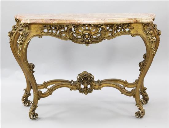 A late 19th century giltwood console table, W.4ft 8in. D.1ft 5in. H.2ft 11in.